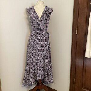 NEW! Max Studio Medallion Print Crepe Ruffle Short Sleeve Wrap Midi Dress S BOHO